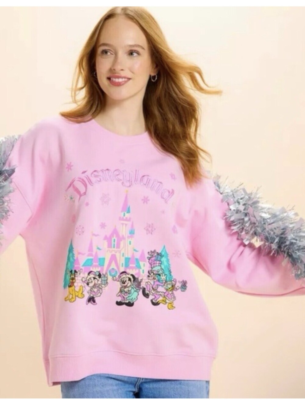 Disneyland Santa Mickey & Friends Christmas Holiday Pink  Sweatshirt L NEW!
